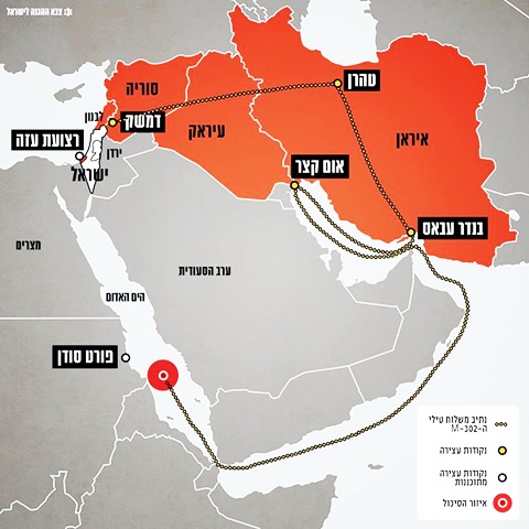 המסלול שעשה משלוח הנשק עד שנתפס [איור: דובר צה"ל]