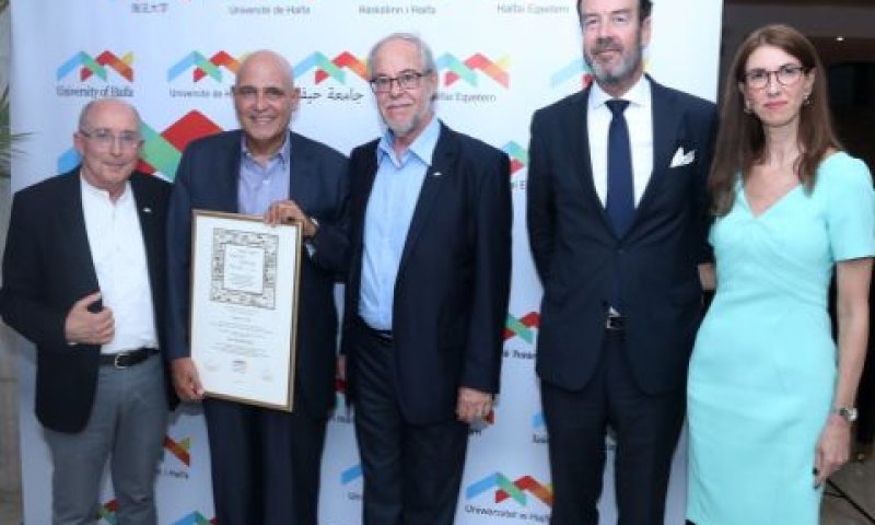 מימין לשמאל- שירה בן אור,ג'יל בשור- פלוח, שגריר הולנד בישראל,גוסטבו מש,דוד פתאל,רון רובין [צילום: אוניברסיטת חיפה]