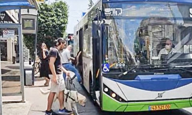 לקוי ראייה עם כלב נחייה עולה לאוטובוס [צילום: סרטון תדמית]