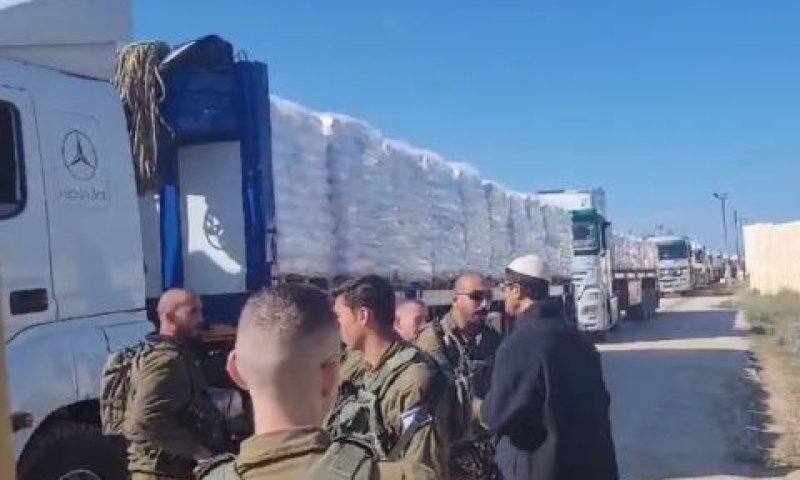 טור משאיות מעוכבות בכרם שלום [צילום: דוד אולשבנג]