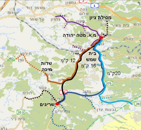 תרשים סכמטי המתאר את מסלולי הקווים והמקטעים השונים בכל קו, כאשר הקו הרציף מייצג את השירות לאורך הציר המרכזי והקו המקווקו מייצג את המקטעים של שירות לפי קריאה