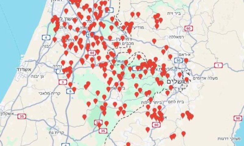 מפת הישובים בהם נשמעו אזעקות