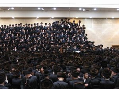 אלפי חסידים ב"שטיידיגע' תורה" במוצאי שמחת תורה [צילום: ר´ שלמה אינדורסקי, בעלז]