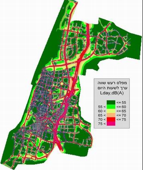 מפת חשיפה לרעש מתנועת כלי רכב ברחובות וכבישים בת"א - יפו בשעות היום בין 06:00-22:00