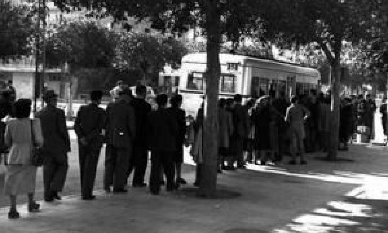 מאי 49'. נוסעים עומדים בתור כדי לעלות לקו 5 בתל אביב [צילום: זולטן קלוגר/לע"מ]