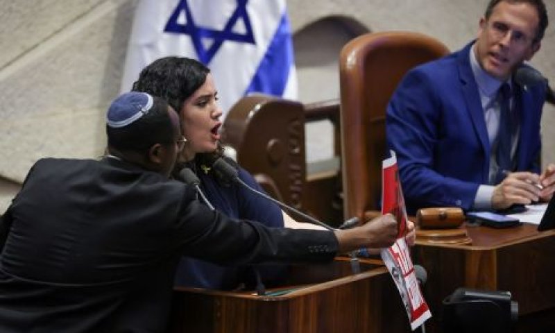 לזימי בגימיק של הנפת שלט נגד נתניהו במליאה [צילום: נועם מושקוביץ/דוברות הכנסת]