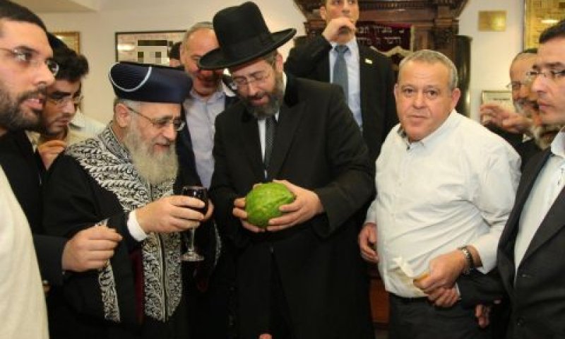 הרב לאו אוחז באתרוג לברכת בורא עצי בשמים והרב יוסף אוחז בכוס יין ומברך בורא פרי הגפן [צילום: דוברות הכנסת]