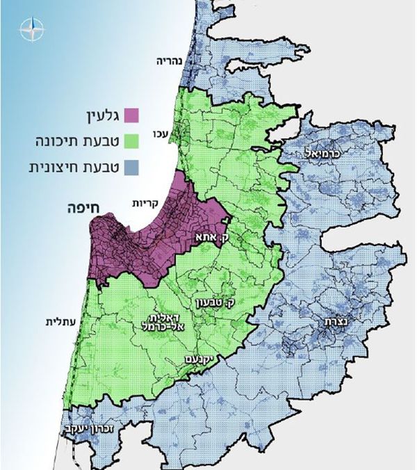 שלוש הטבעות של מרחב מטרופולין חיפה וחלק מהאזורים והיישובים הנכללים בהן