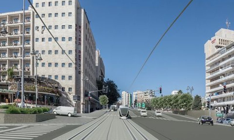 הדמיית רחוב המלך ג'ורג' הקו הכחול של הרכבת הקלה בירושלים [הדמיה מור דגן/תכנית אב לתחבורה]