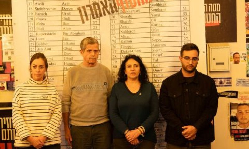 בני משפחות חטופים ברקע הרשימה שפורסמה [צילום: מטה המשפחות]