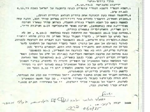 המברק ששלח ראש המוסד צבי זמיר לאחר פגישה עם אשרף מרוואן ובו התרעה למלחמה [צילום: ארכיון המדינה]