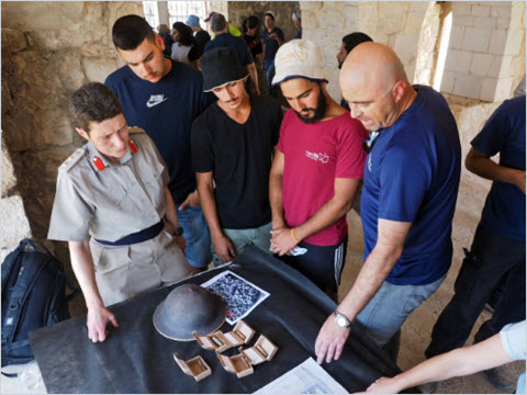 חניכי מכינת "מלח הארץ" ונציגי רשות העתיקות מציגים את הממצאים בפני הנספחת הצבאית בשגרירות בריטניה בישראל [צילום: אסף פרץ, רשות העתיקות]
