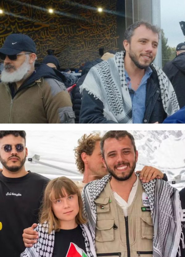 טיאגו אווילה, אזרח ברזילאי ופעיל פרו־פלשתיני מוביל, לצד גרטה, לפני אותו משט ביוני 2025. בתמונה העליונה הוא נראה חולק כבוד אחרון בהלווייתו של מזכ״ל חזבאללה ורב-המחבלים חסן נסראללה