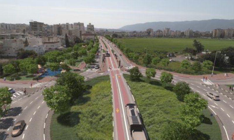 הדמיית מטרונית קרית אתא רחוב התעלה מעגל תנועה בצומת מנדל מוכר ספרים מבט מצפון לדרום [אין3די בע"מ]