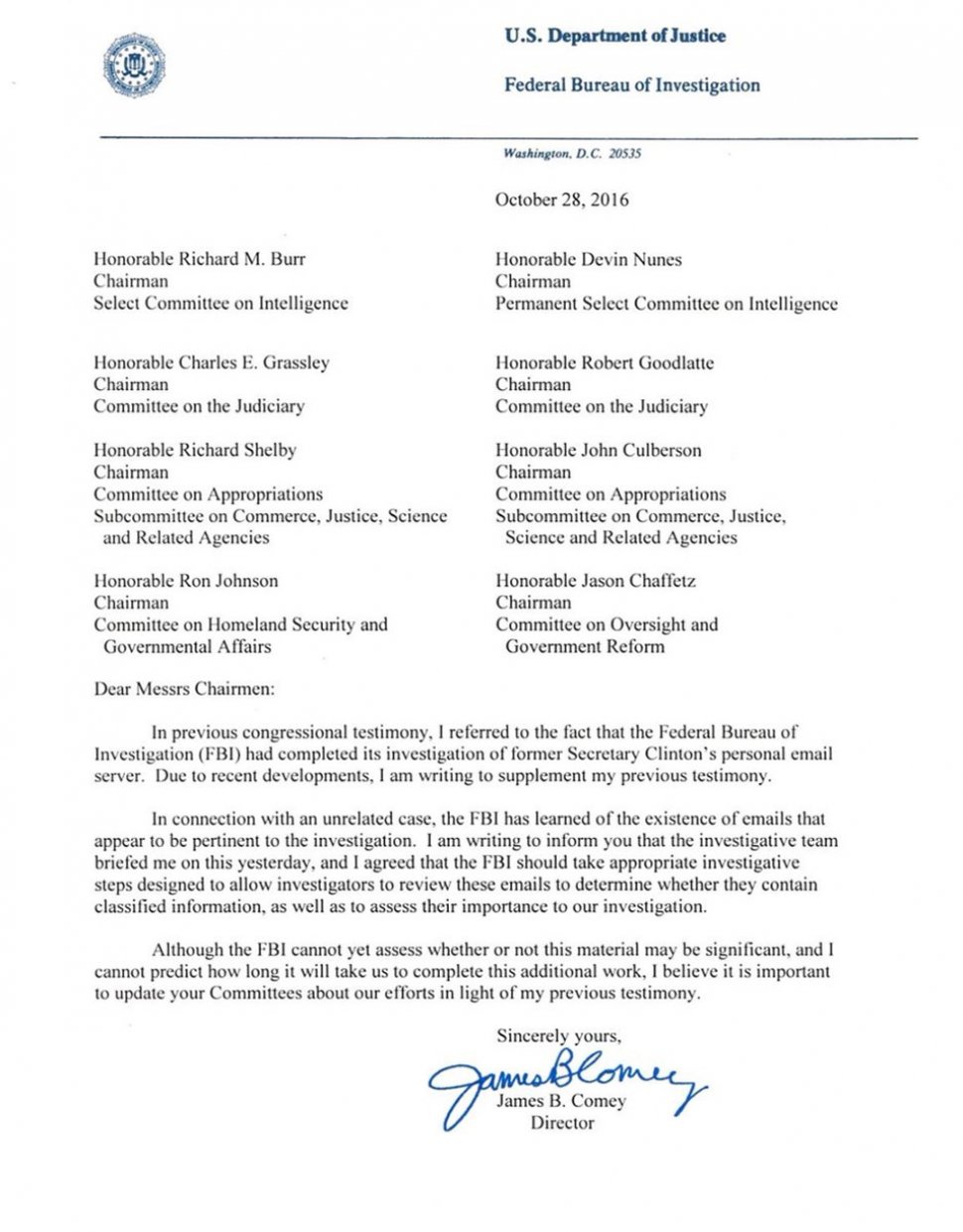 המכתב ששיגר ראש ה-FBI, ג'יימס קומי, לחברי קונגרס ובו הודיע על חידוש החקירה נגד הילרי קלינטון