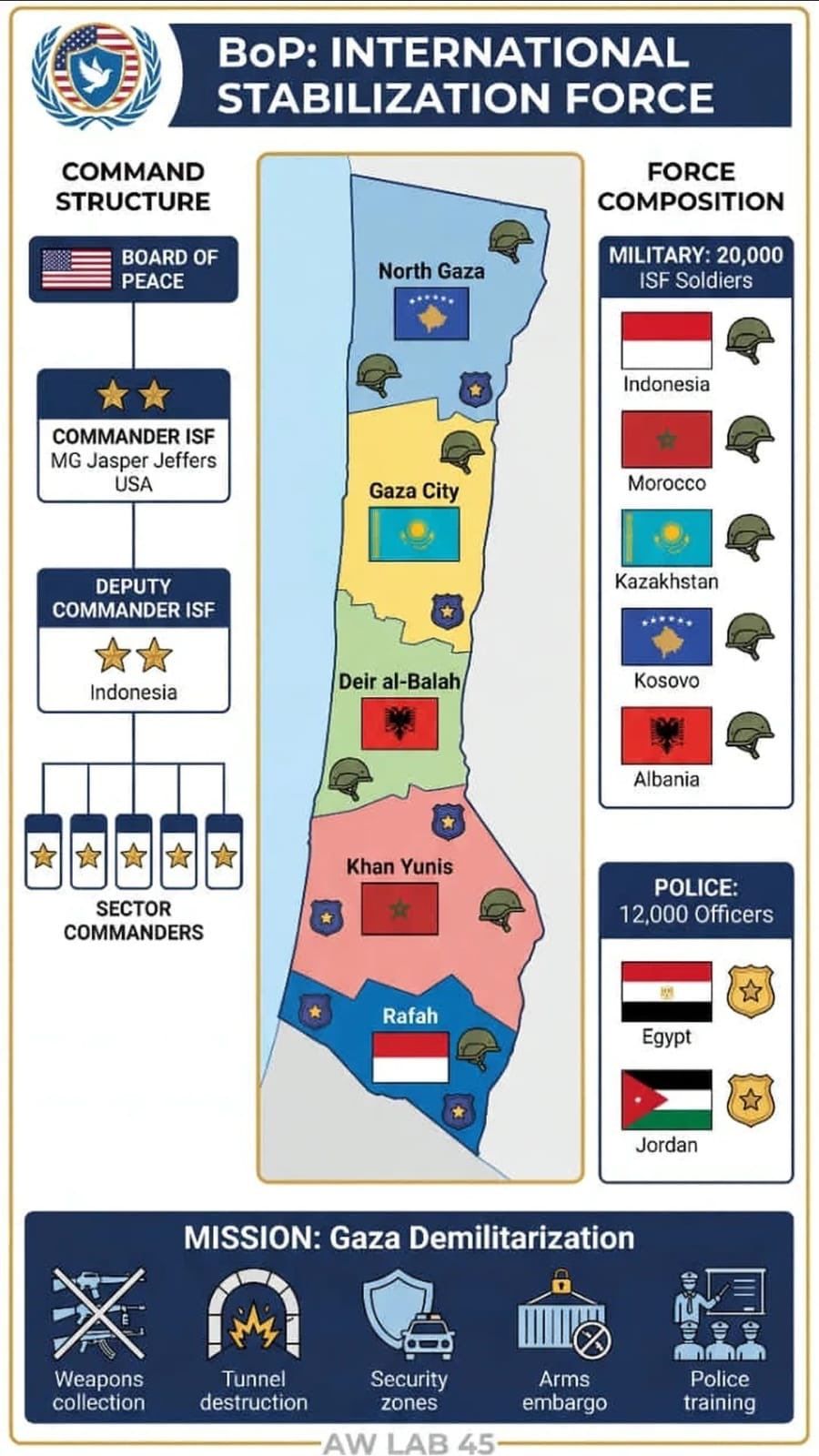 מפת הצבת הכוחות המיוחדים הזרים ברצועת עזה. חלוקה לחמישה אזורים.