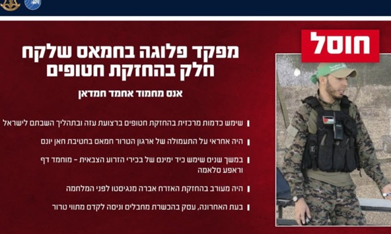 חמדאן. דמות מרכזית בהחזקת חטופים ישראליים ברצועת עזה [צילום: דובר צה"ל]