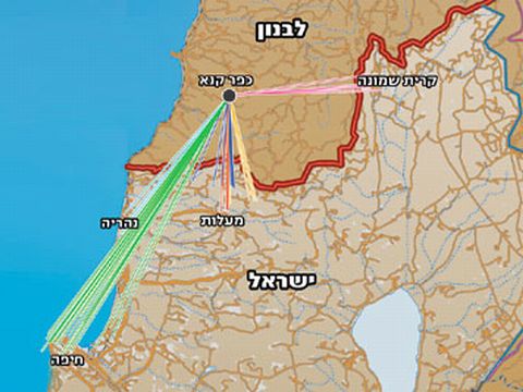 מפת ירי הקטיושות והטילים מאיזור כפר כנא. [גרפיקה: דובר צה"ל]