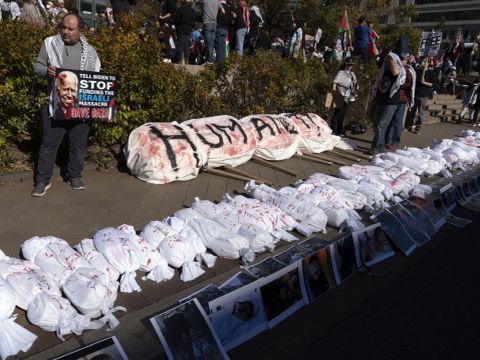 שקים לבנים המייצגים את גופות ההרוגים בעזה בהפגנה פרו-פלשתינית בוושינגטון [צילום: חוסה לואיס מגאנה/AP]