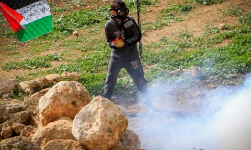 נער פלשתיני מיידה אבנים כשמסכת גז לראשו בכפר בית דג'ן [צילום: נאסר אשתייה/פלאש 90]