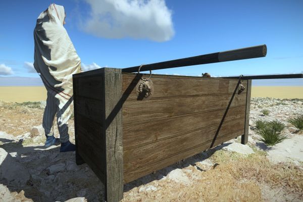 שיחזור גרפי נשיאת הארון בעזרת טבעות האריות [צילום: איור יעקב שמידוב, רשות העתיקות]