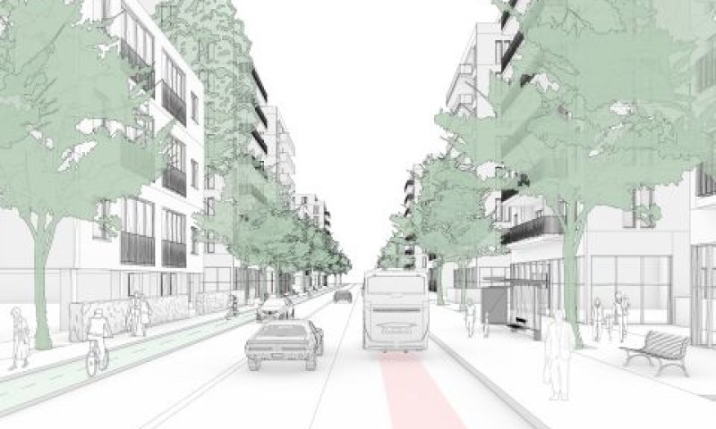 רחוב עירוני בנהריה בשנת 2040 (הדמיה: סטודיו מיא מיכל יוקלה אדריכלים ושר-שמואלי אדריכלות ועיצוב עירוני)