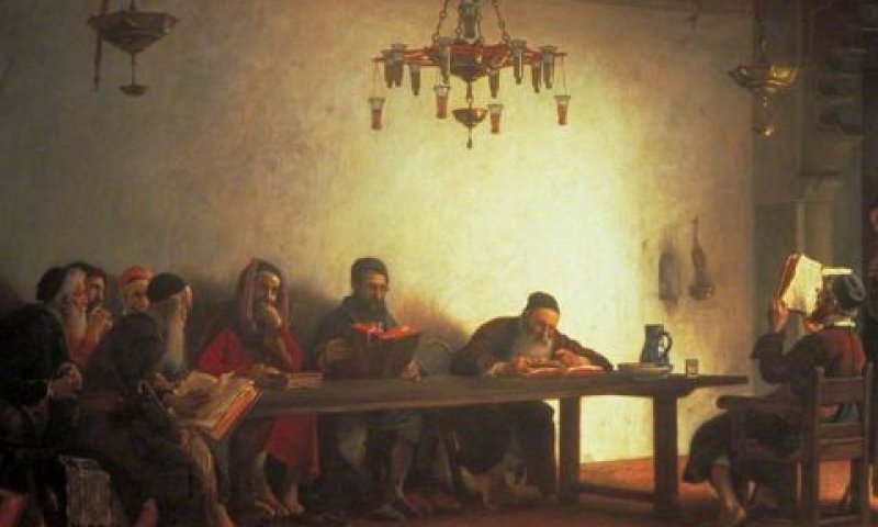 ישיבת רבנים במרוקו, 1882 [ציור: ז'אן דה-נואי]