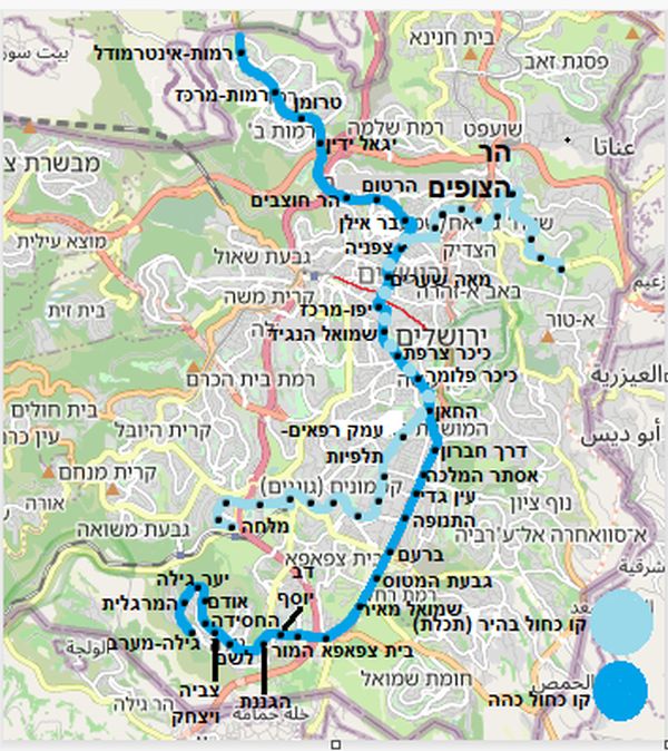 מפת הקו הכחול של הרכבת הקלה בירושלים