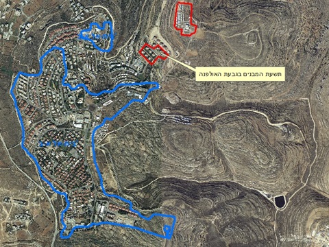 שרטוט תחום השיפוט של המועצה המקומית בית אל. ניתן לראות שהמתחמים נשואי העתירה נמצאים מחוץ לתחום השיפוט של המועצה ועל כן אישורי בנייה שניתנו לגביהם היו חסרי תוקף. עוד ניתן לראות עשרות רבות של בתים שנבנו על שטח שמחוץ לתב"ע - בהם גם ביתו של הרב זלמן מלמד, אולפני ערוץ 7 וביתו של ח"כ לשעבר יעקב כץ [צילום: מתוך הנספחים לעתירה]