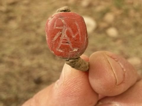 טבעת משובצת מהחפירה עם חותמת המתארת לוחם מצרי נושא מגן וחרב [צילום: היחידה למניעת שוד ברשות עתיקות]