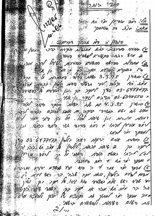 תרשומת (עמוד 1): "סודי ביותר" - סנ"צ דני סנובסקי מתעד את בקשת דודי כהן לשבש מהלכי חקירה