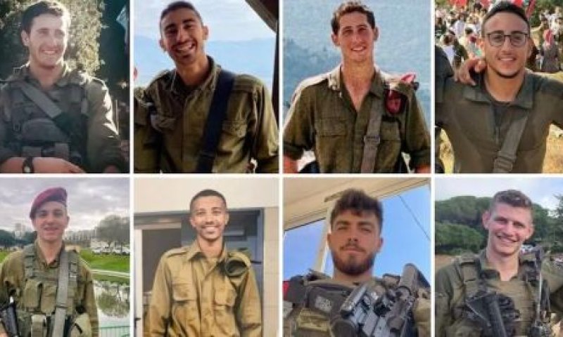 שמונת החיילים שנהרגו (מימין למעלה): אורי מנצור, נועם ברזילי, איתי אריאל גיאת, הראל אטינגר, איתן יצחק אוסטר, עידו ברויר, עלמקאן טרפה, נזר איטקין [תמונות: דו"צ; עיבוד, מאקו]