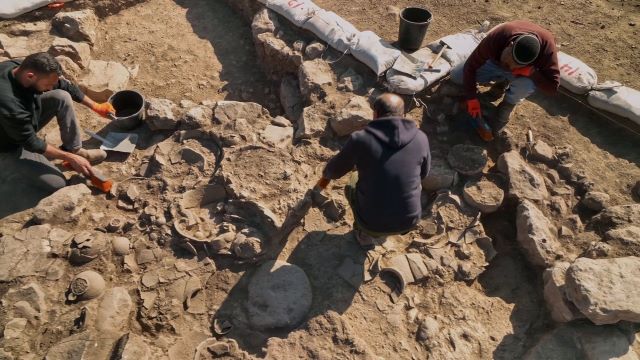 הוצאת הכלים הקדומים מהאדמה [צילום: אמיל אלג'ם רשות העתיקות]