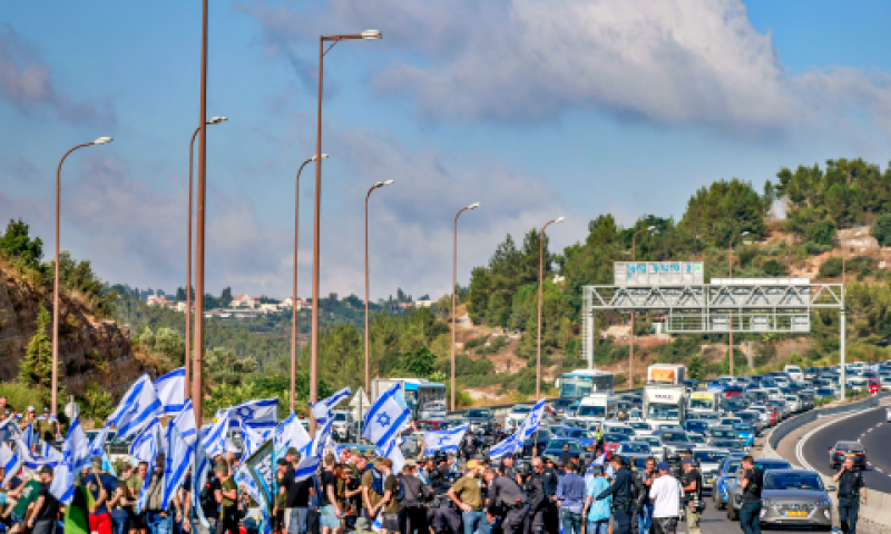 המפגינים במחלף חמד, הבוקר [צילום: חיים גולדברג, פלאש 90]