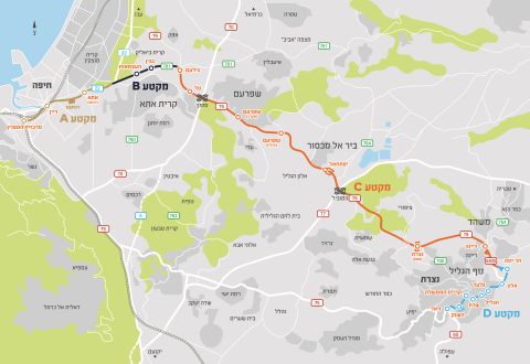 מפת מקטעי ביצוע תוואי הרכבת הקלה נופית [חוצה ישראל]