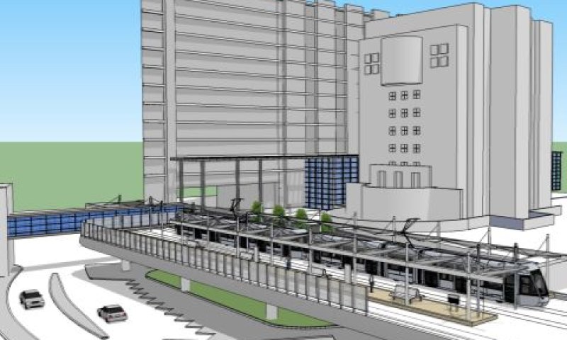 הדמיה של תחנת הרכבת הקלה במגדל האשפוז של המרכז הרפואי הדסה עין-כרם [תוכנית אב לתחבורה/אהרונסון אדריכלים]