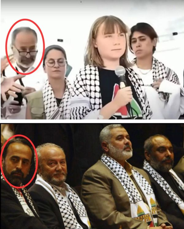 זאהר ביראווי, פעיל חמאס בולט מבריטניה וראש הזרוע האירופית של חמאס. מסמך משנת 2021, שנמצא במנהרות בעזה ונחתם בידי איסמעיל הנייה, אישר כי ביראווי היה פעיל חמאס המוביל בארגון המשטים במשך יותר מ־15 שנה. בתמונה הוא מופיע משמאל, לצד גרטה טונברג, ביוני 2025, כשהם נערכים לקראת המשט. בתמונה התחתונה הוא מופיע עם איסמעיל הנייה