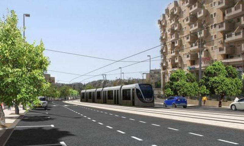 הדמיה של הרק"ל במרכז המסחרי בשכונה גילה [צוות תכנית אב לתחבורה י-ם]