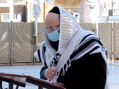 תפילה במסכות ברחבת הכותל [צילום: לשכת העיתונות הממשלתית]